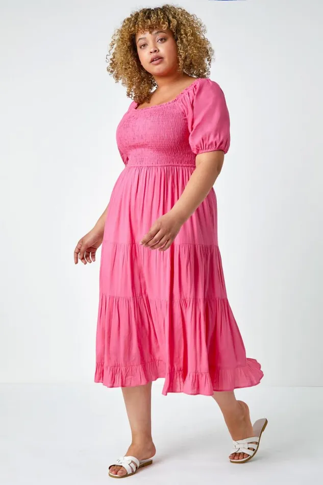 Women Pink Curve Shirred Tiered Midi Dress Roman Dresses