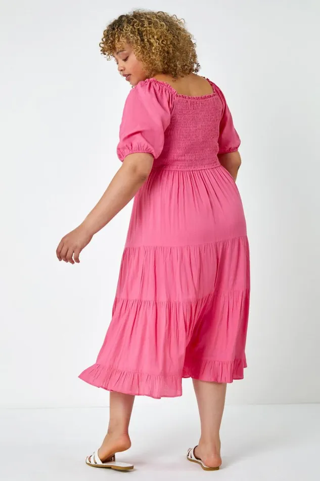Women Pink Curve Shirred Tiered Midi Dress Roman Dresses