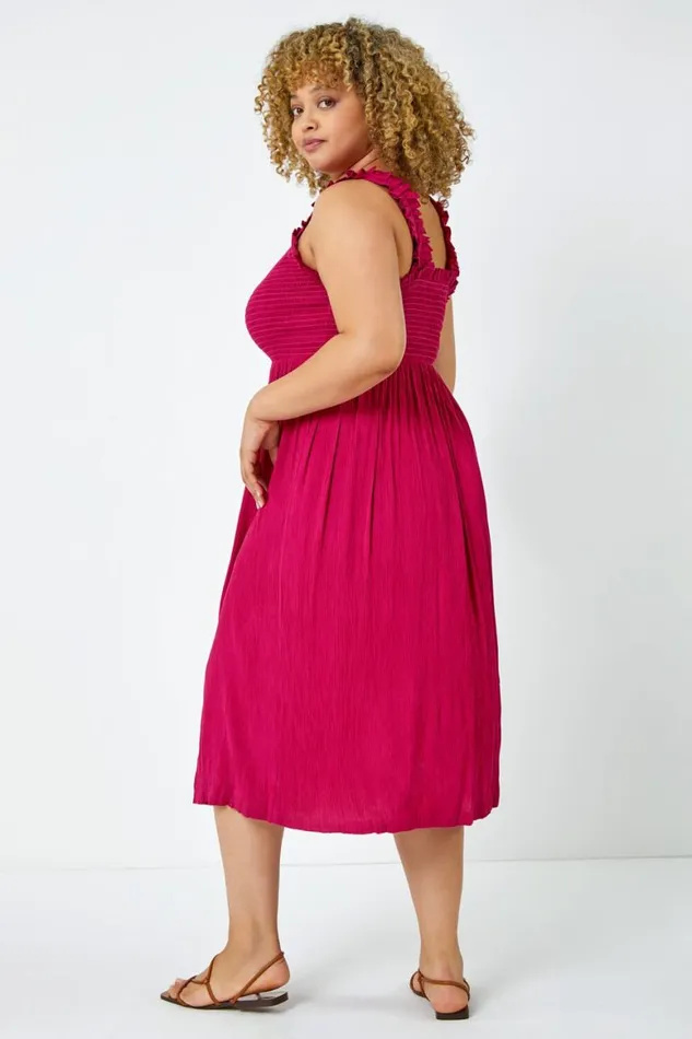 Women Pink Curve Sleeveless Shirred Midi Stretch Dress Roman Dresses