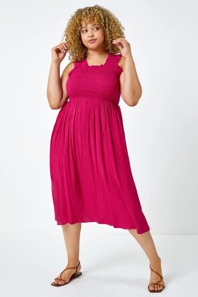 Women Pink Curve Sleeveless Shirred Midi Stretch Dress Roman Dresses
