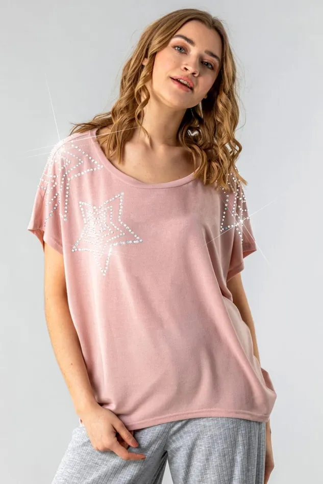 Women Pink Diamante Star Shoulder Top Roman Tops