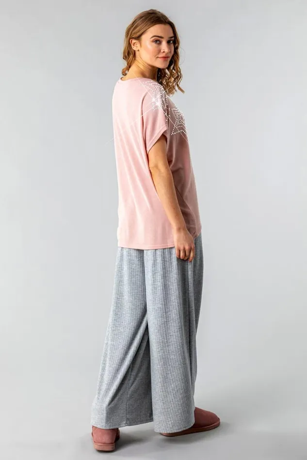Women Pink Diamante Star Shoulder Top Roman Tops