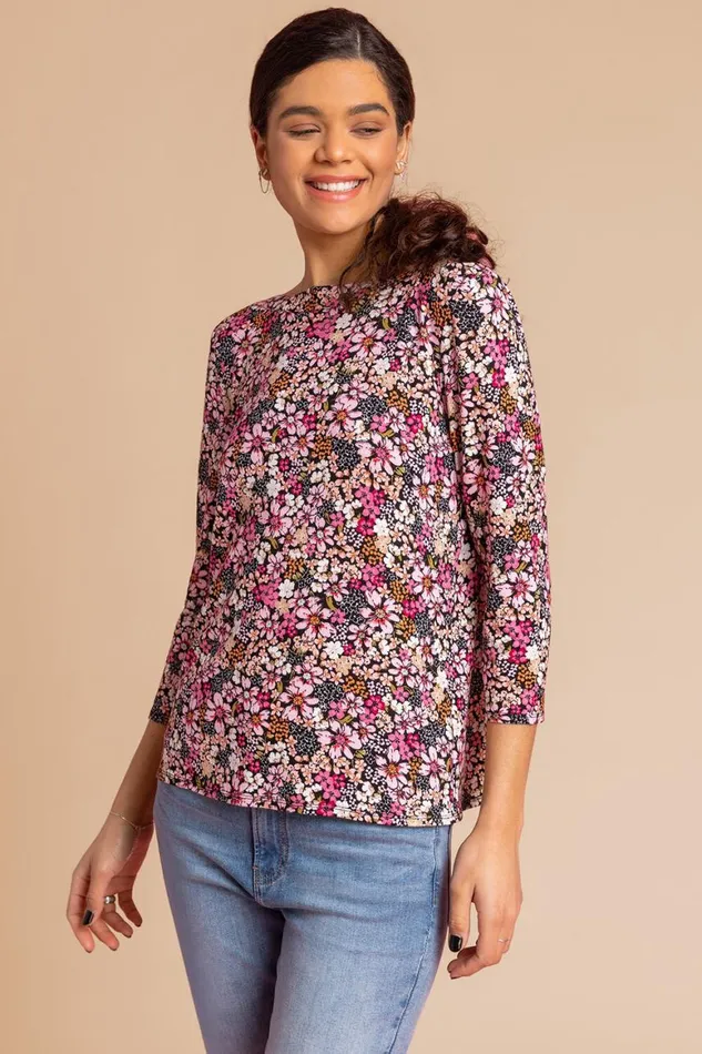 Women Pink Ditsy Floral Print Jersey Top Roman Tops