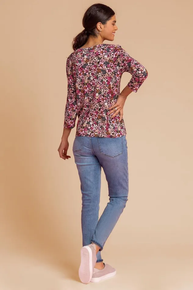 Women Pink Ditsy Floral Print Jersey Top Roman Tops