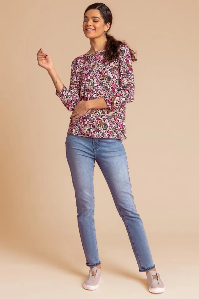 Women Pink Ditsy Floral Print Jersey Top Roman Tops