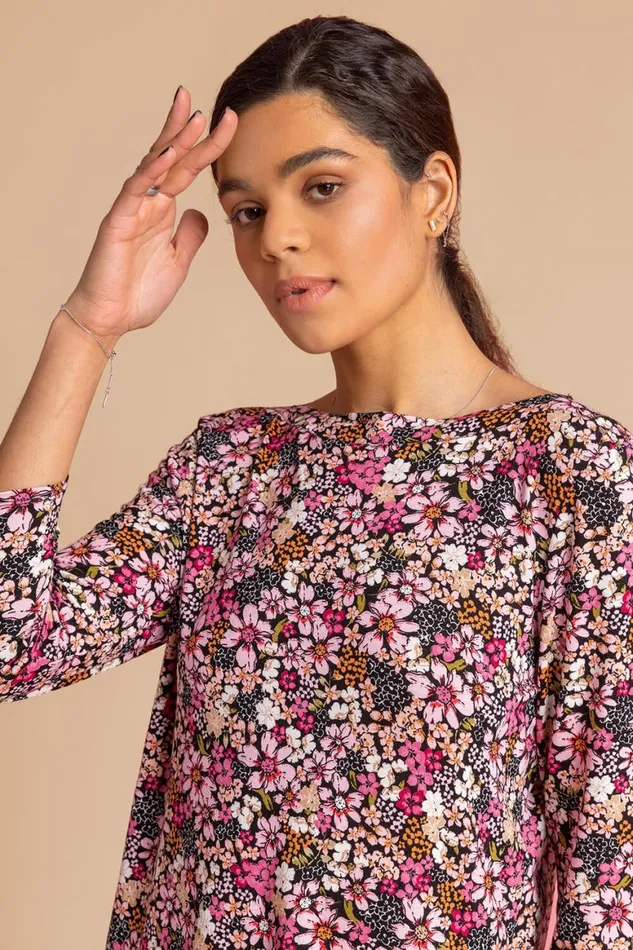Women Pink Ditsy Floral Print Jersey Top Roman Tops