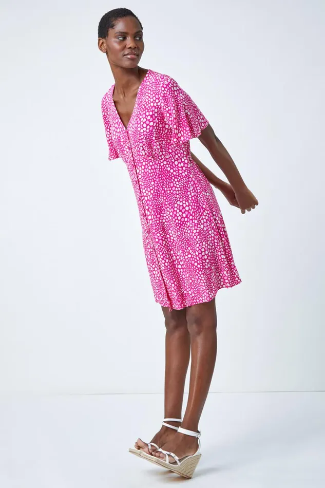 Women Pink Ditsy Spot Print Button Dress Roman Dresses
