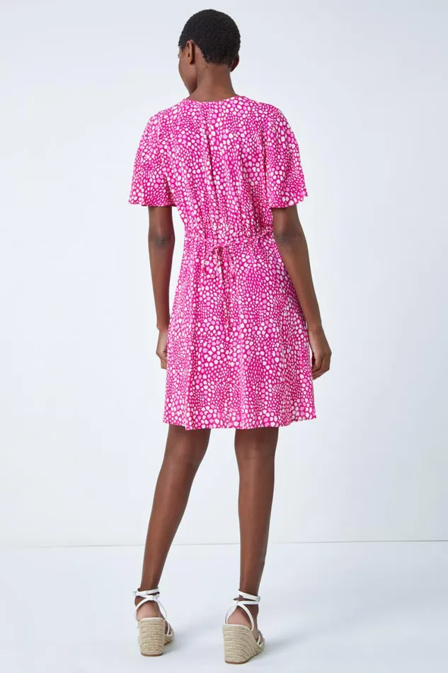 Women Pink Ditsy Spot Print Button Dress Roman Dresses