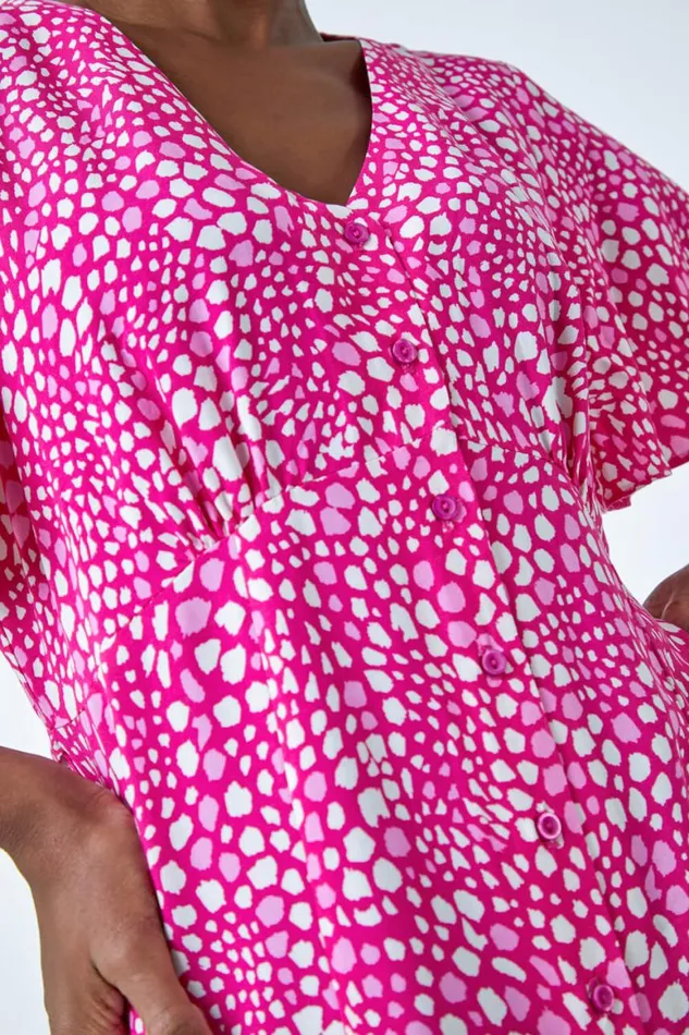 Women Pink Ditsy Spot Print Button Dress Roman Dresses