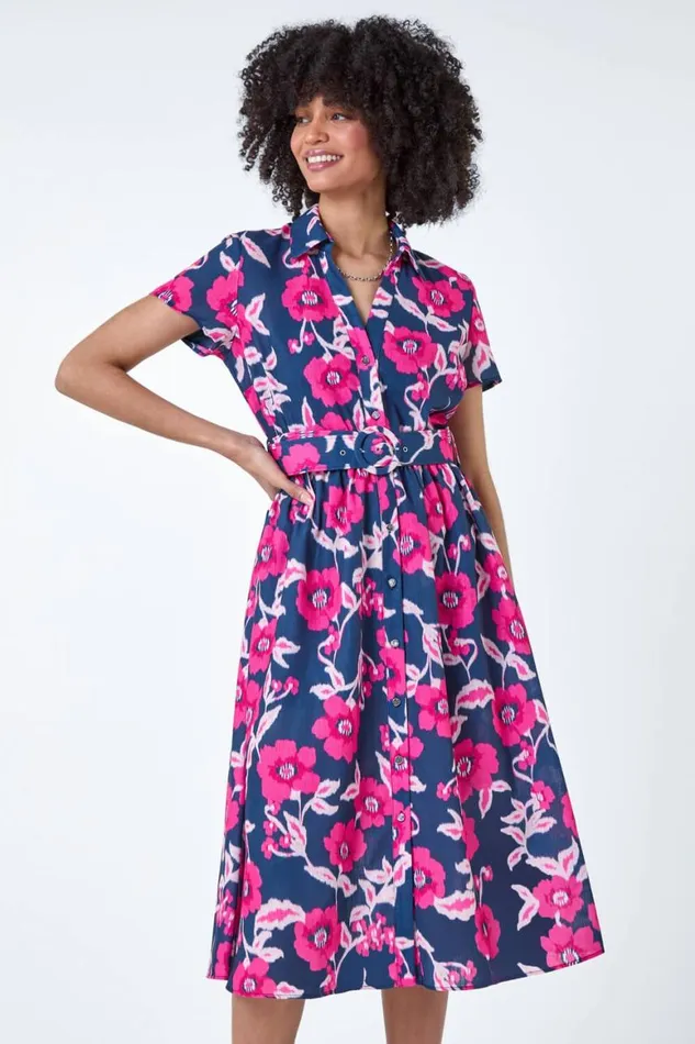 Women Pink Floral Linen Look Belted Shirt Dress Roman Dresses