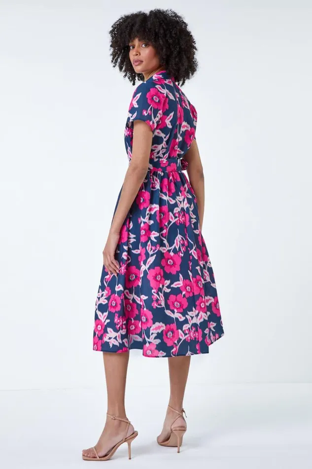 Women Pink Floral Linen Look Belted Shirt Dress Roman Dresses