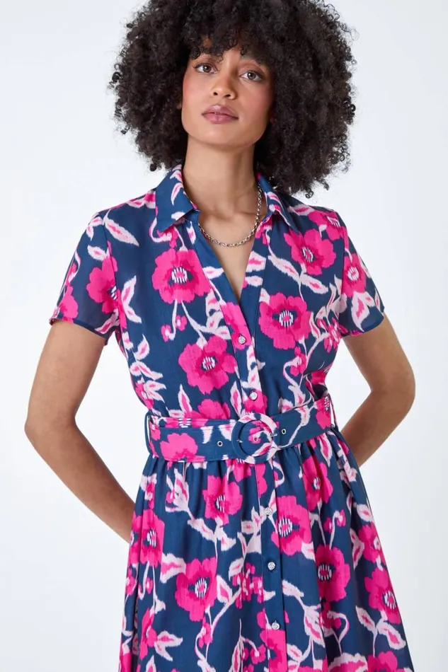 Women Pink Floral Linen Look Belted Shirt Dress Roman Dresses