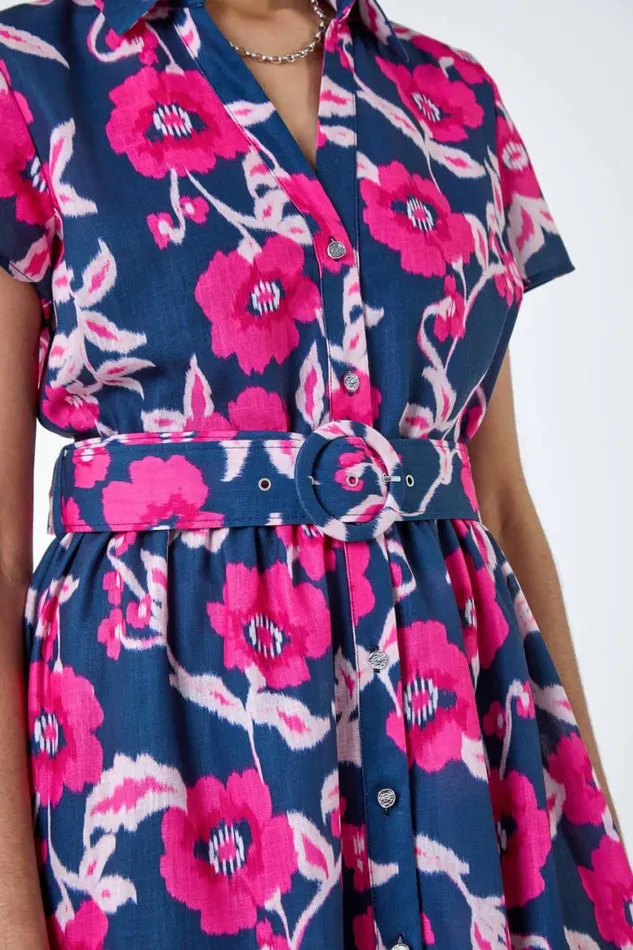 Women Pink Floral Linen Look Belted Shirt Dress Roman Dresses
