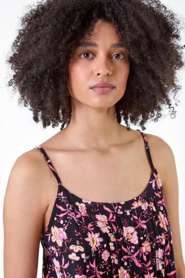 Women Pink Floral Print Pleat Front Cami Top Roman Tops