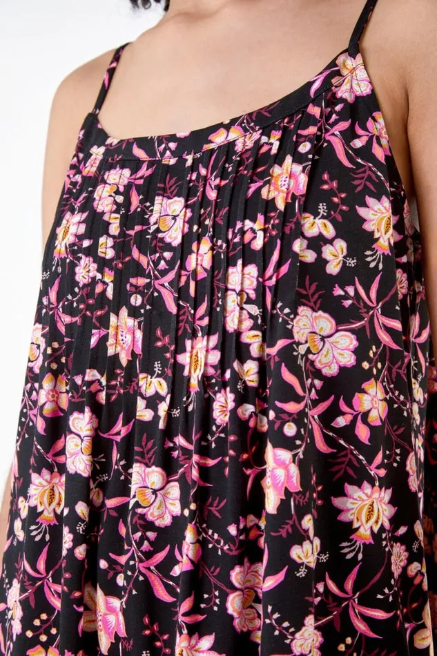 Women Pink Floral Print Pleat Front Cami Top Roman Tops