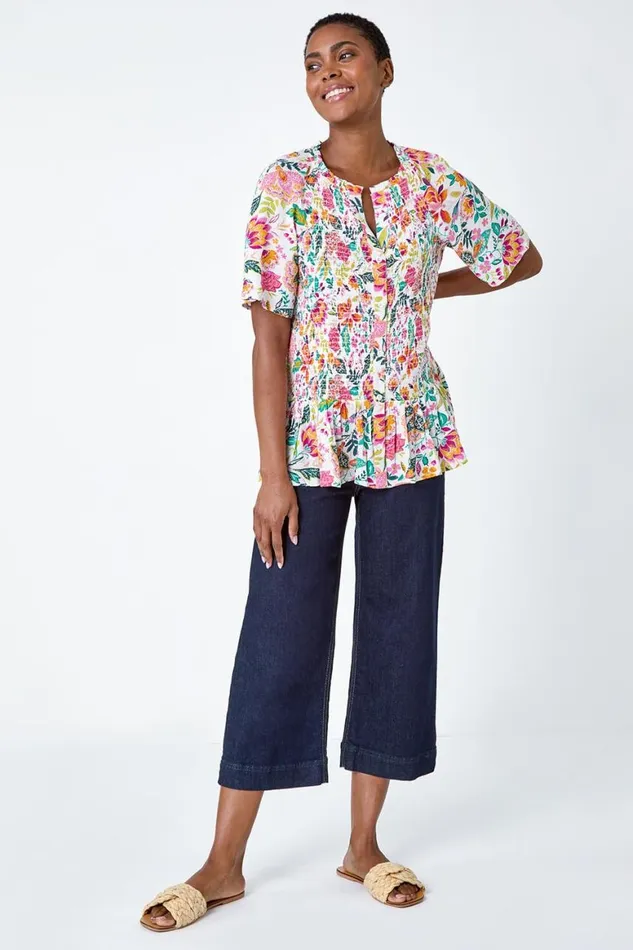 Women Pink Floral Shirred Crinkle Top Roman Tops