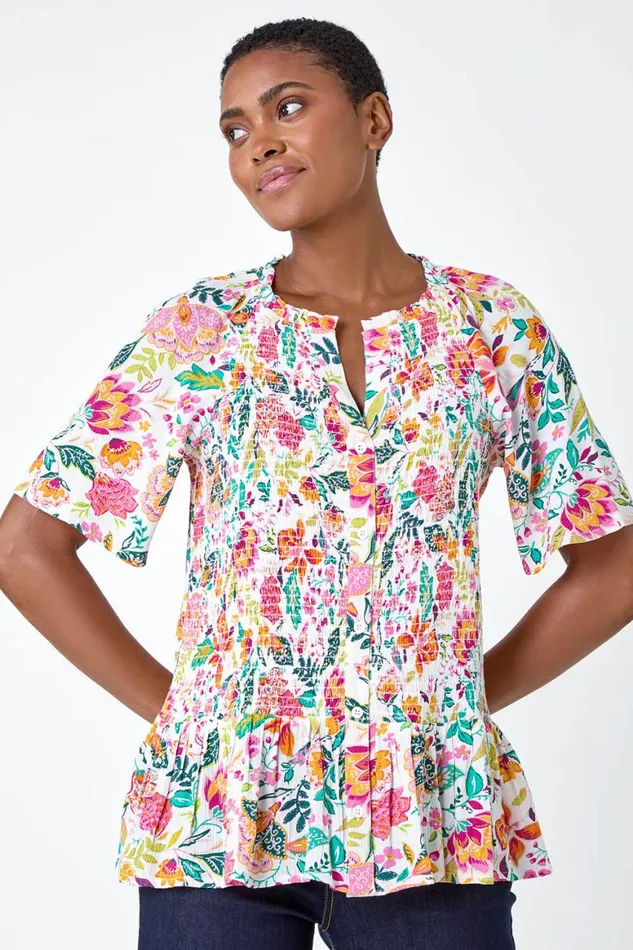 Women Pink Floral Shirred Crinkle Top Roman Tops