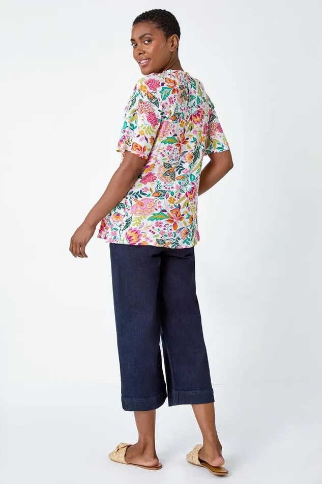 Women Pink Floral Shirred Crinkle Top Roman Tops