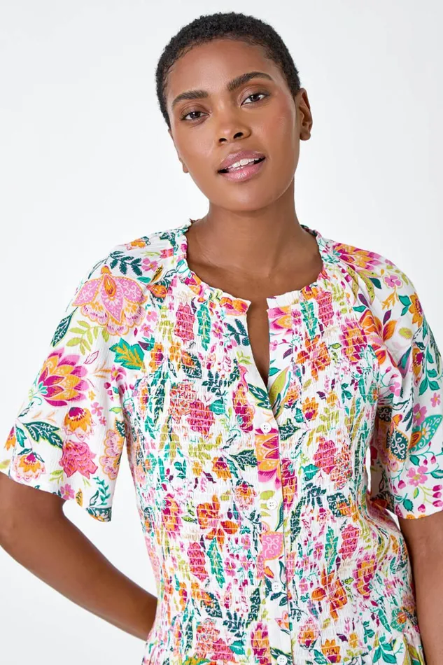Women Pink Floral Shirred Crinkle Top Roman Tops