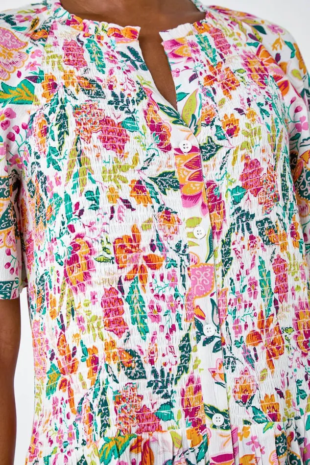 Women Pink Floral Shirred Crinkle Top Roman Tops