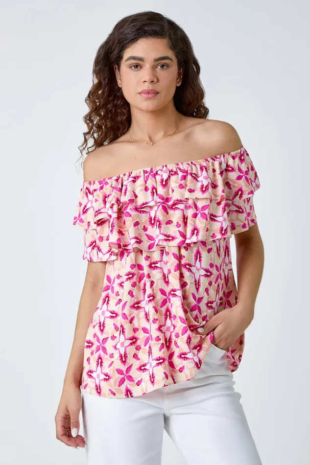Women Pink Geo Tie Dye Frill Bardot Top Roman Tops