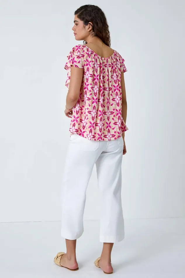 Women Pink Geo Tie Dye Frill Bardot Top Roman Tops