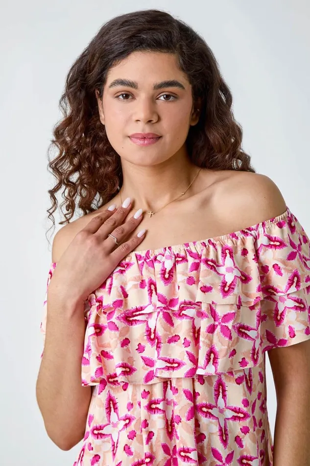 Women Pink Geo Tie Dye Frill Bardot Top Roman Tops