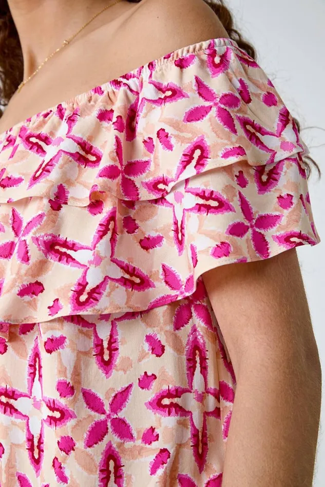 Women Pink Geo Tie Dye Frill Bardot Top Roman Tops
