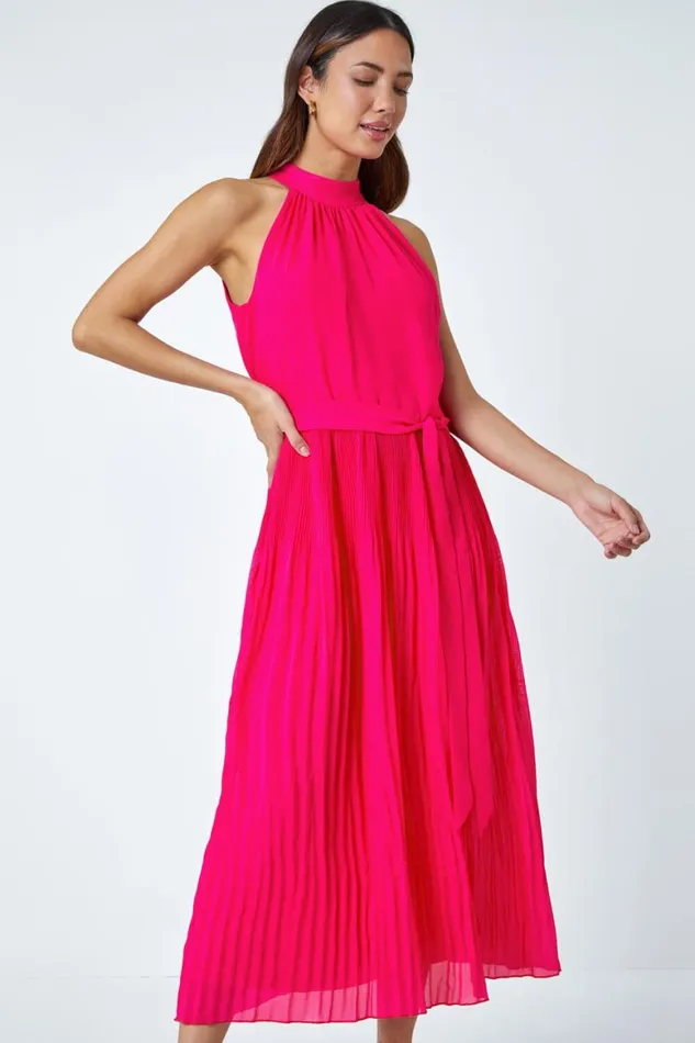 Women Pink Halterneck Pleated Chiffon Maxi Dress Roman Dresses