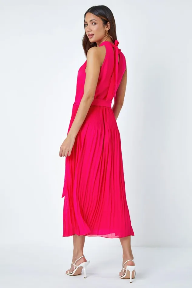 Women Pink Halterneck Pleated Chiffon Maxi Dress Roman Dresses