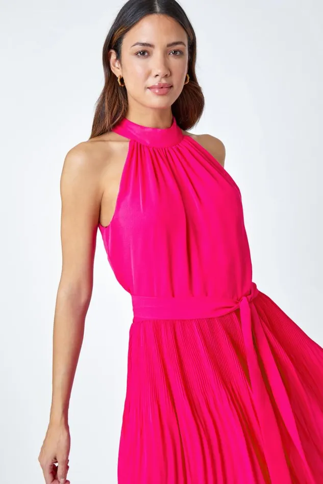 Women Pink Halterneck Pleated Chiffon Maxi Dress Roman Dresses