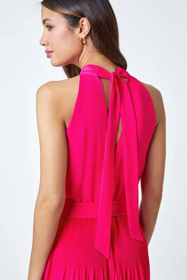 Women Pink Halterneck Pleated Chiffon Maxi Dress Roman Dresses