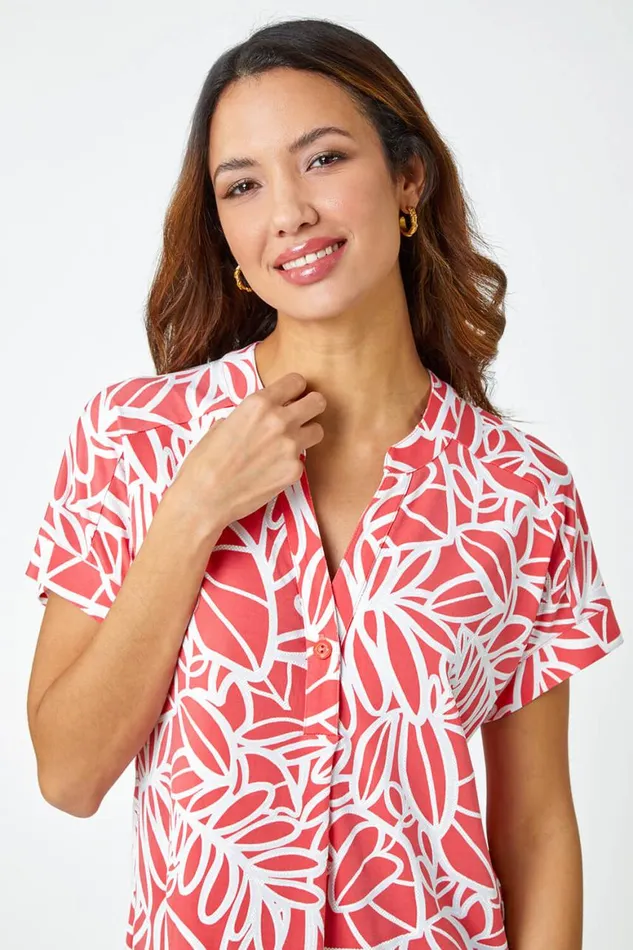 Women Pink Linear Floral Print VNeck Pleat Front Top Roman Tops