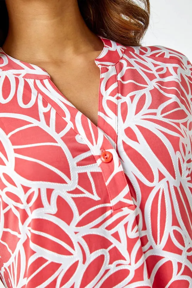 Women Pink Linear Floral Print VNeck Pleat Front Top Roman Tops
