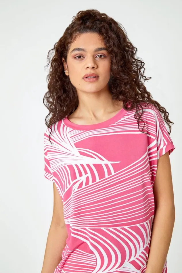 Women Pink Linear Textured Print Blouson Top Roman Tops