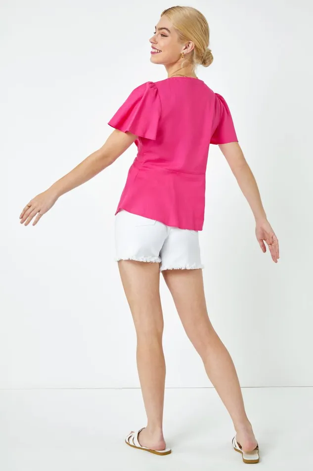 Women Pink Linen Button Through Blouse Roman Tops