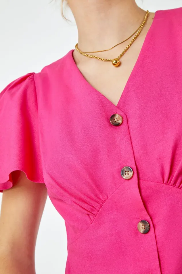 Women Pink Linen Button Through Blouse Roman Tops
