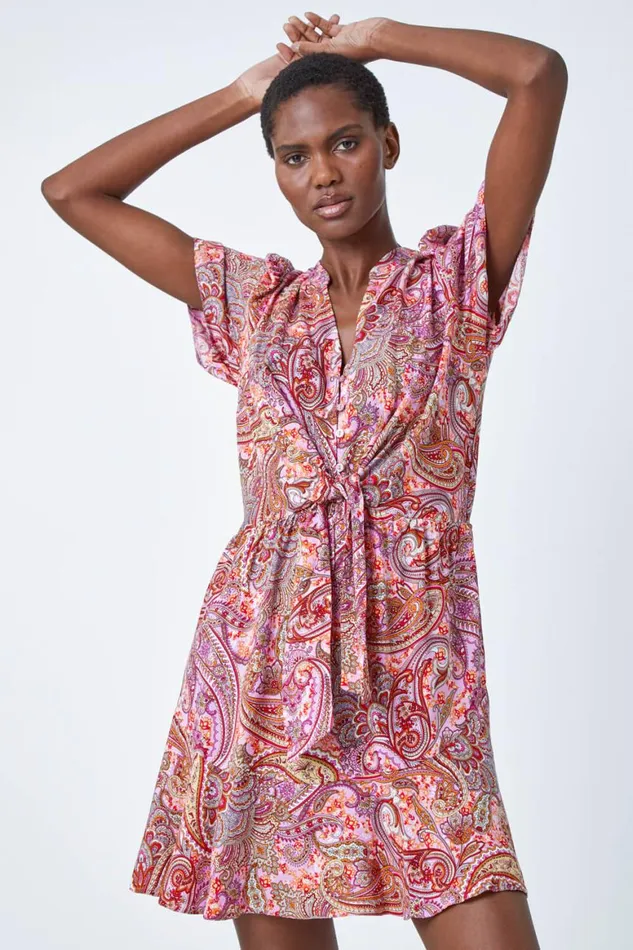 Women Pink Paisley Print Tie Detail Dress Roman Dresses