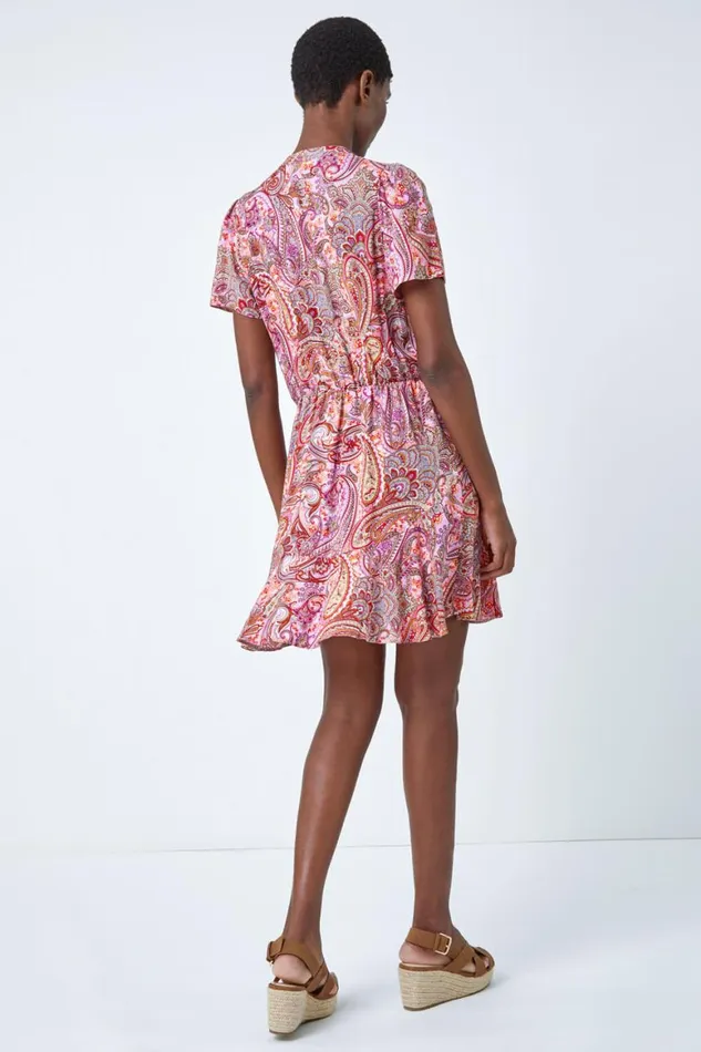 Women Pink Paisley Print Tie Detail Dress Roman Dresses