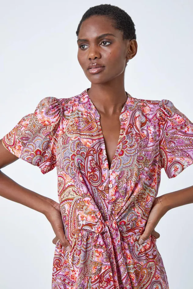Women Pink Paisley Print Tie Detail Dress Roman Dresses