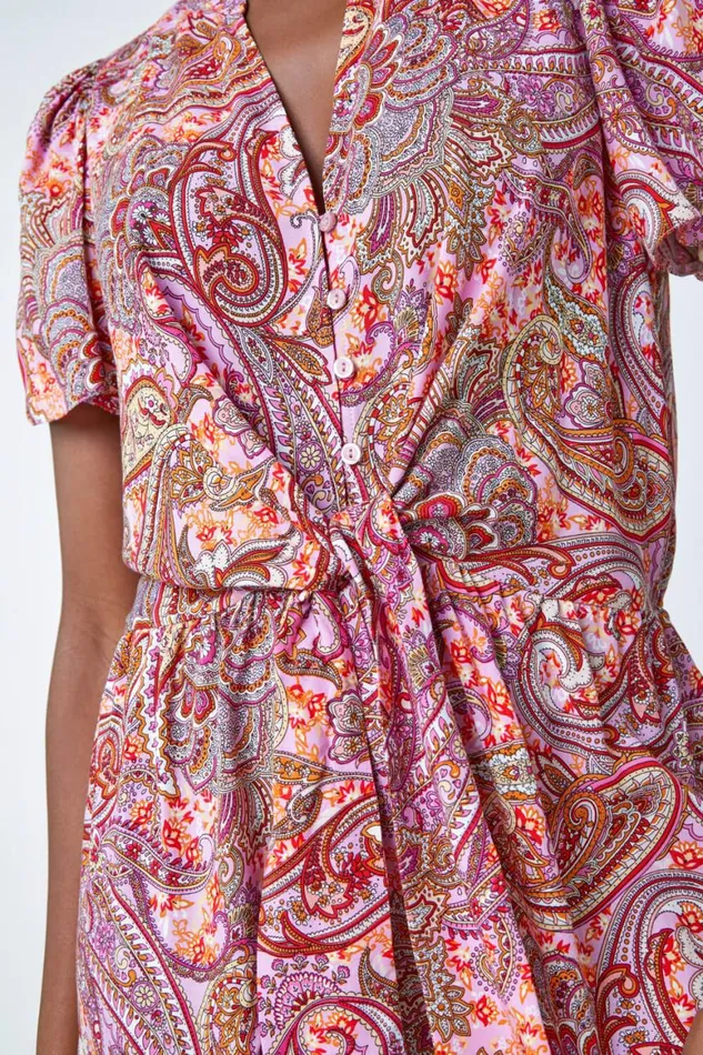 Women Pink Paisley Print Tie Detail Dress Roman Dresses
