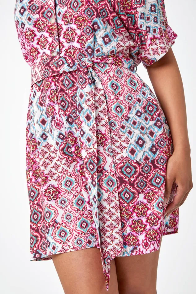 Women Pink Petite Aztec Print Belted Playsuit Roman Dresses