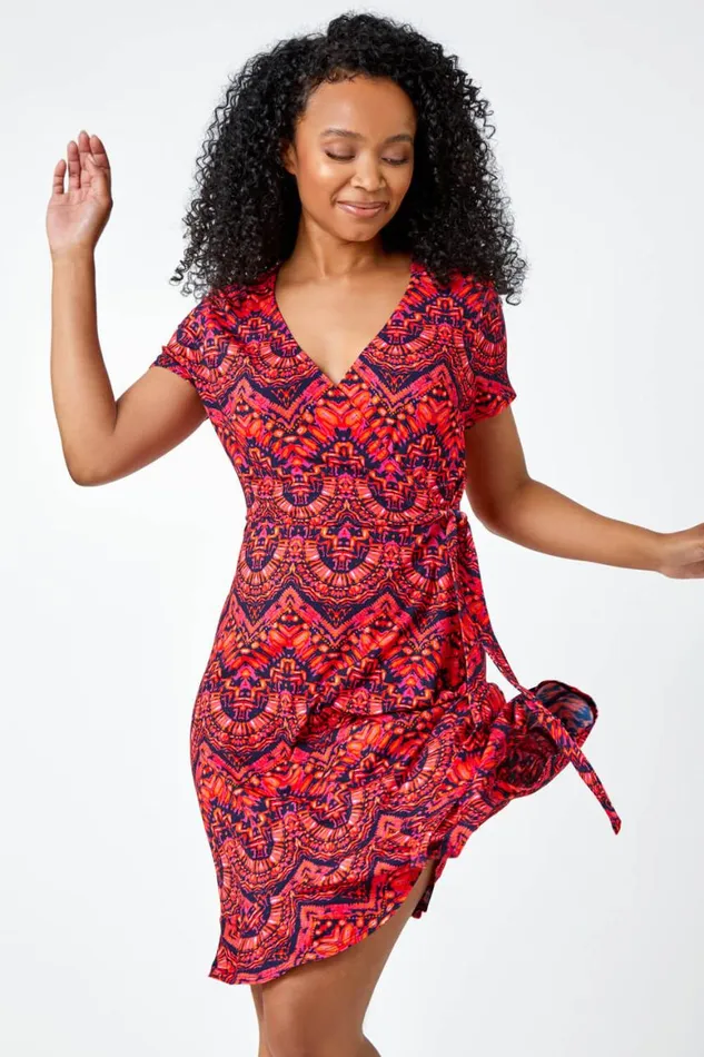 Women Pink Petite Aztec Tie Detail Wrap Dress Roman Dresses