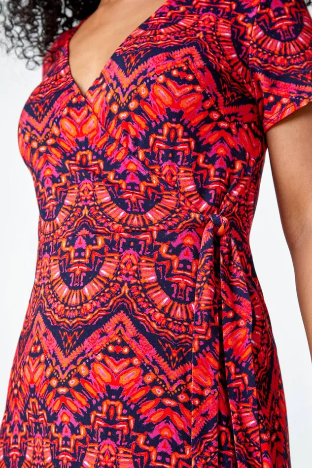 Women Pink Petite Aztec Tie Detail Wrap Dress Roman Dresses