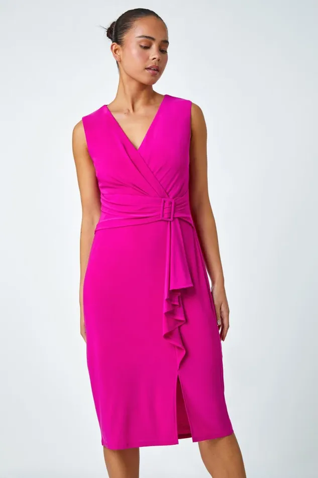 Women Pink Petite Buckle Waterfall Stretch Dress Roman Dresses