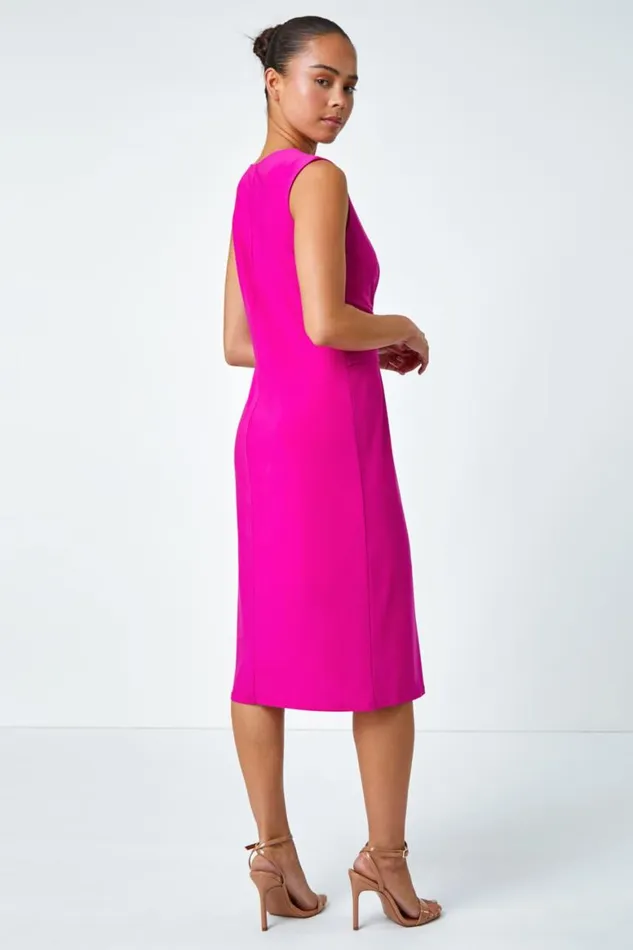 Women Pink Petite Buckle Waterfall Stretch Dress Roman Dresses