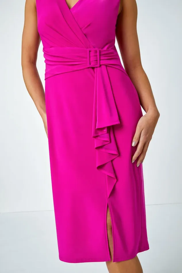 Women Pink Petite Buckle Waterfall Stretch Dress Roman Dresses