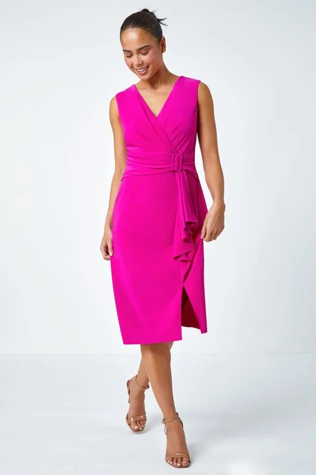 Women Pink Petite Buckle Waterfall Stretch Dress Roman Dresses