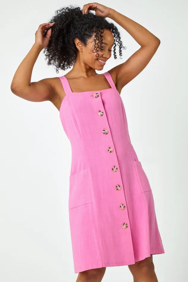 Women Pink Petite Button Front Pocket Dress Roman Dresses