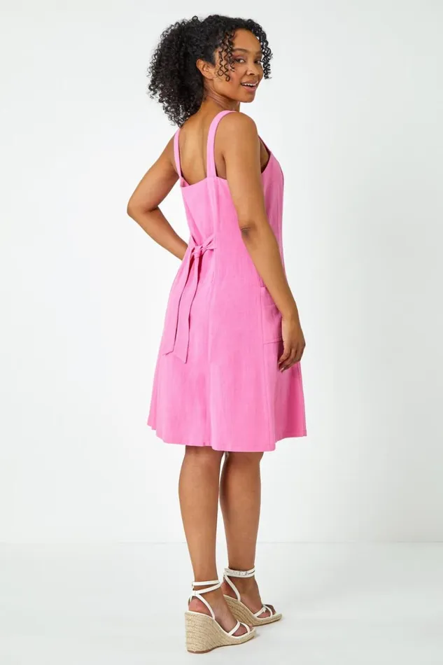 Women Pink Petite Button Front Pocket Dress Roman Dresses